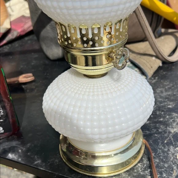 Classic White Hobnail Milk Glass Table Lamp with Brass Accents - Picture 2 of 3